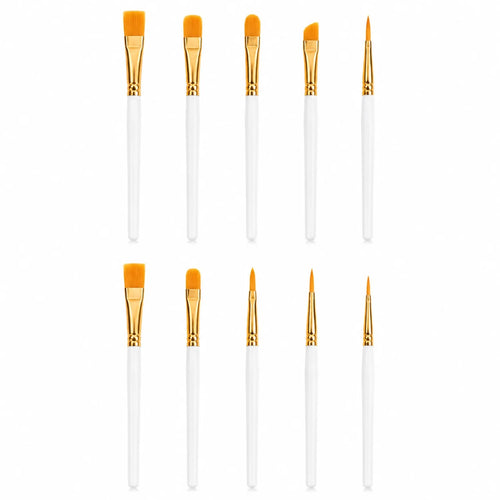 10-Piece Artist Paint Brush Set - ten white handle paint brushes with flat, filbert, angled, liner and round tips
