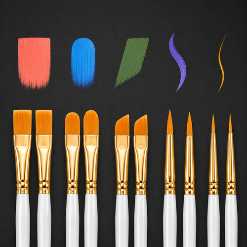 Artist paint brushes - five brush tip shapes with stroke demonstrations on black background
