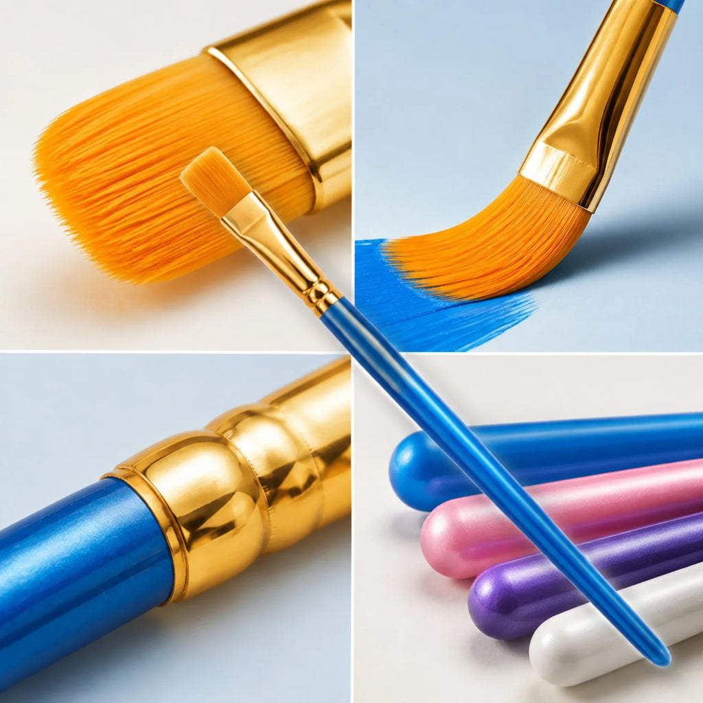 Artist paint brushes - brass ferrule and nylon bristle detail close-up