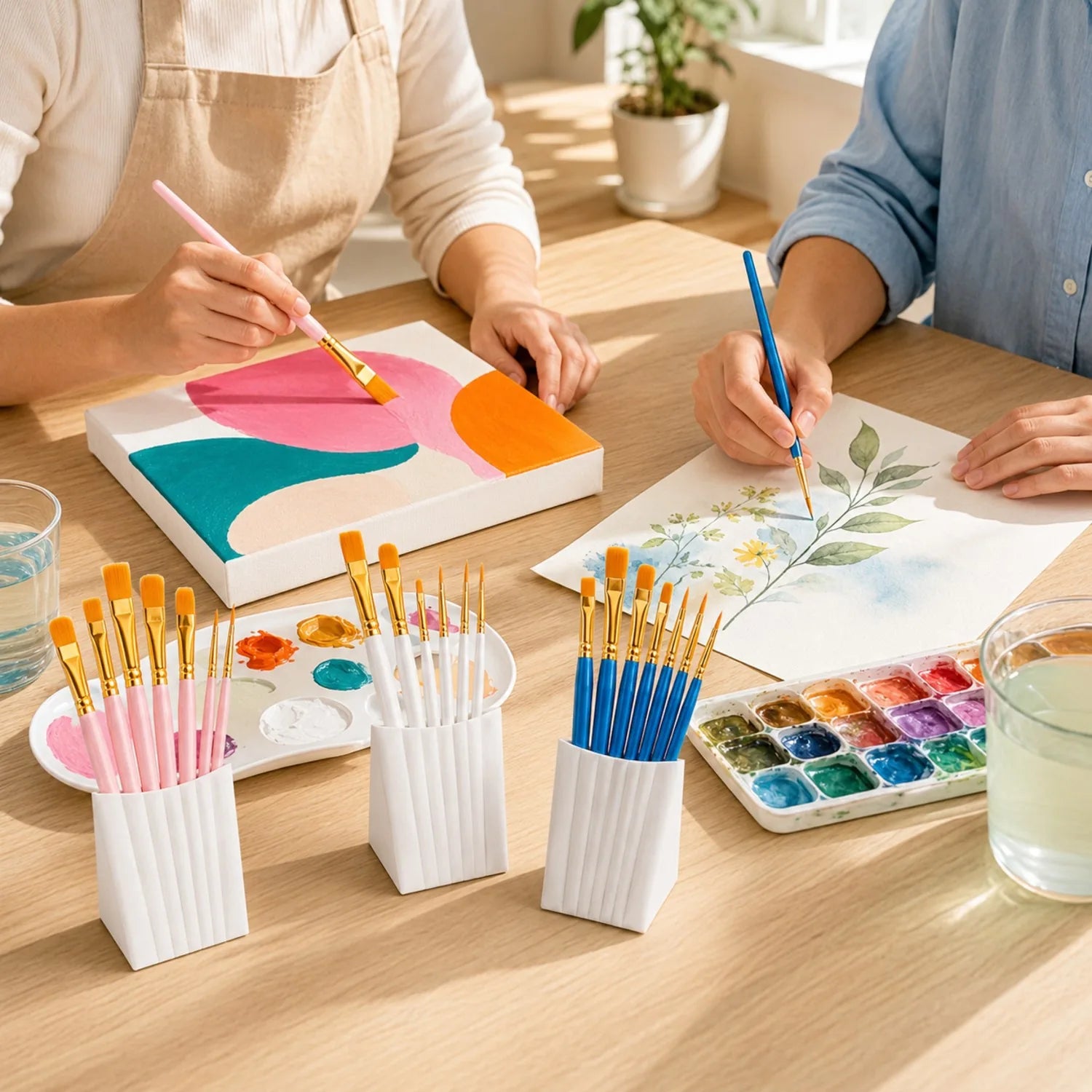 Artist paint brushes in colored brush holders while two people paint at a table