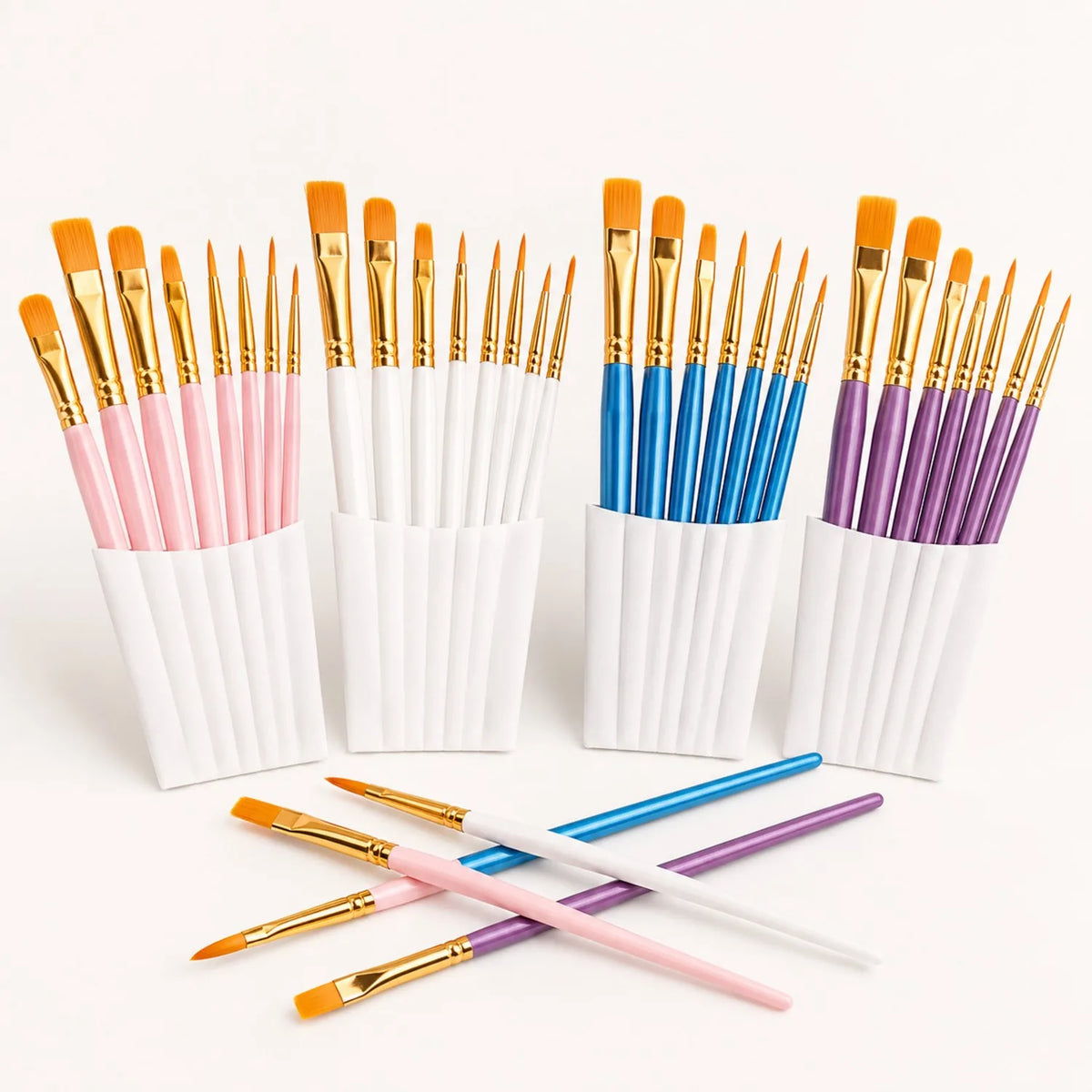 Four-Color Artist Paint Brush Set - 45 paint brushes in pink, white, blue and purple handles for wholesale