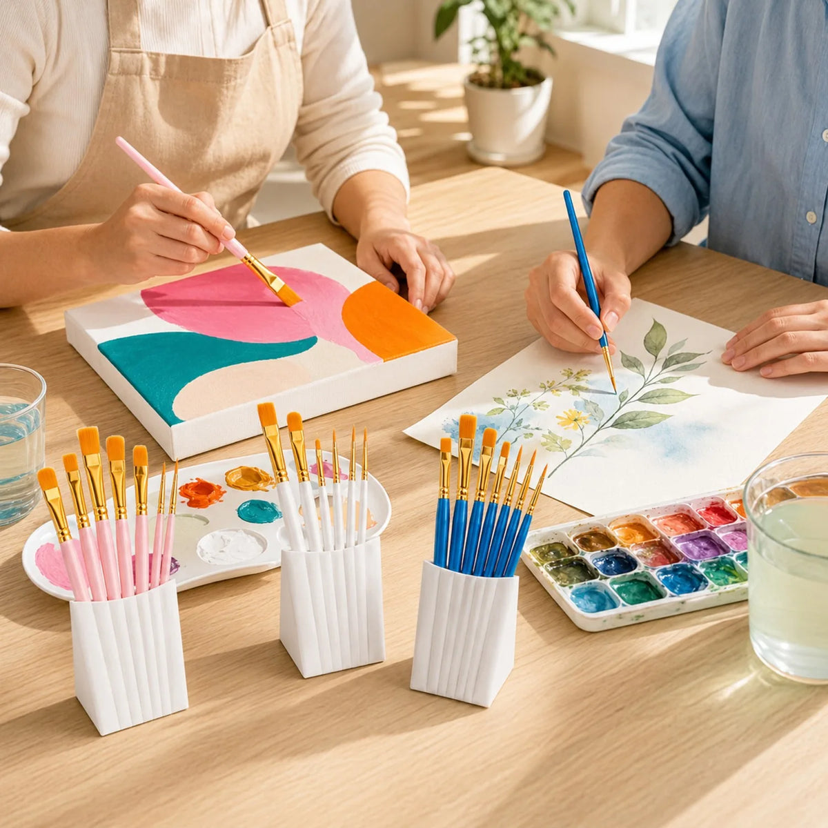 Artist paint brushes in colored brush holders while two people paint at a table